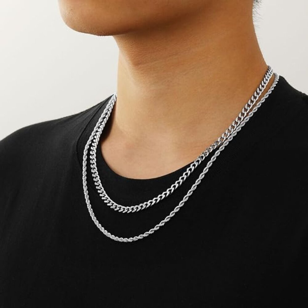 NEW! 2Pcs Stainless Steel Layered Chain Necklaces Link/Rope/Herringbone Chains